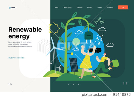 Ecology - Renewable energy -Modern flat vector concept illustration of Solar panels, Wind turbines, Rain power. A young woman and a boy running. Creative landing web page template Ecology - Renewable energy -Modern flat vector concept illustration of Solar panels, Wind turbines, Rain power. A young woman and a boy running. Creative landing web page template 91448873