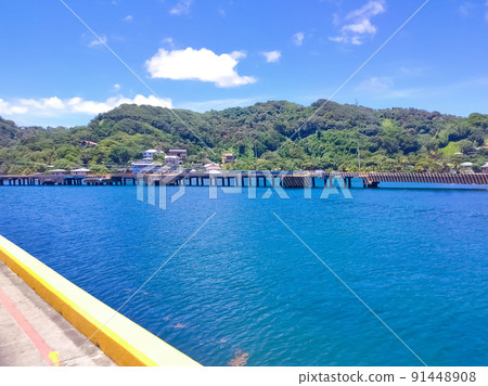 An aerial view of a tropical beach in Roatan Honduras early in the morning. 91448908
