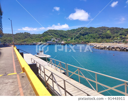 An aerial view of a tropical beach in Roatan Honduras early in the morning. 91448911