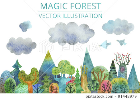 Colorful fantasy magic forest with trees and mountains 91448979