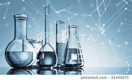 Glass chemistry lab equipment on blue background. Chemistry Lab concept. 3d Glass chemistry lab equipment on blue background. Chemistry Lab concept. 3d 91449035