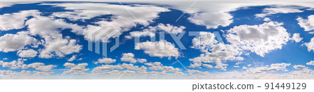 seamless 360 degrees angle view blue sky with clouds with zenith in equirectangular projection - upper half of the sphere seamless 360 degrees angle view blue sky with clouds with zenith in equirectangular projection - upper half of the sphere 91449129