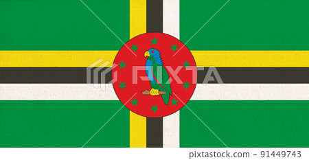 National Dominica flag on fabric surface. Fabric Texture 91449743