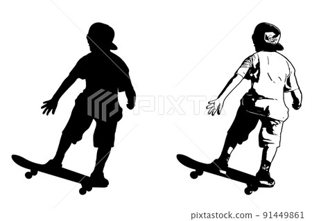 skateboarder kid, silhouette and sketch illustration - vector skateboarder kid, silhouette and sketch illustration - vector 91449861