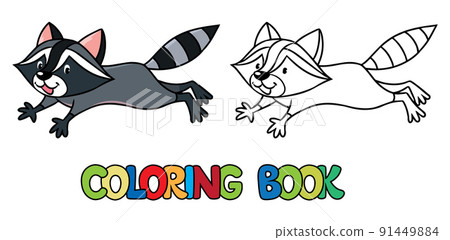 Funny jumping raccoon. Kids vector coloring book 91449884