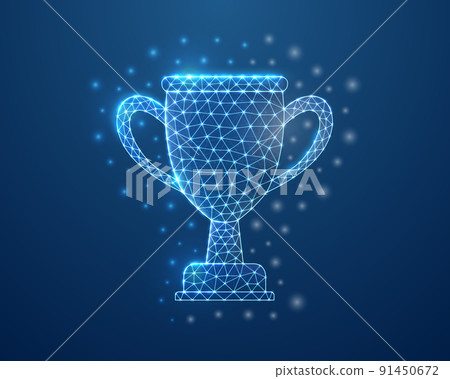 Trophy cup 3d symbol in blue low poly style. Champion, award, prize design concept vector illustration. Winner polygonal wireframe. 91450672