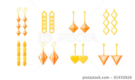 Earrings collection. Shining gold accessories with gemstones, diamonds, precious stone. Jewellery set. Flat vector 91450926
