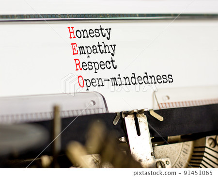 HERO honesty empathy respect open-mindedness symbol. Concept words HERO honesty empathy respect open-mindedness typed on old retro typewriter. HERO honesty empathy respect open-mindedness concept. HERO honesty empathy respect open-mindedness symbol. Concept words HERO honesty empathy respect open-mindedness typed on old retro typewriter. HERO honesty empathy respect open-mindedness concept. 91451065