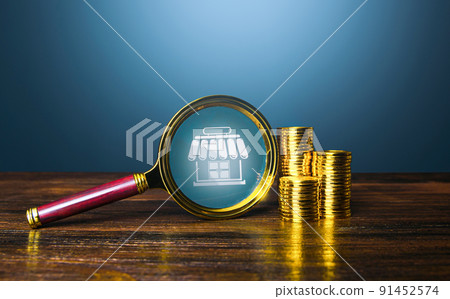 Business audit. Investments and property valuation of assets. Monitoring and revision. Profits and taxes. Franchise market. Shop, magnifying glass and money. Merchandise trade. Service industry 91452574