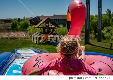 Child going down a waterslide in a flamingo tube 91453377