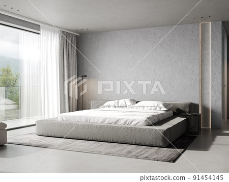 Luxury bright bedroom design, modern gray bed and elegant home accessories on concrete wall background, 3d render 91454145
