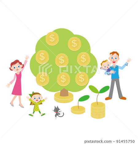 一個家庭在以美元計價的金錢樹上歡欣鼓舞 91455750