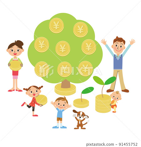 A family rejoicing in a yen-denominated money tree 91455752