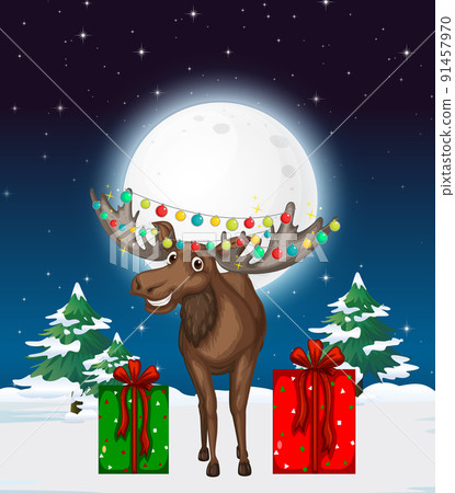 Snowy winter night with Christmas reindeer Snowy winter night with Christmas reindeer 91457970