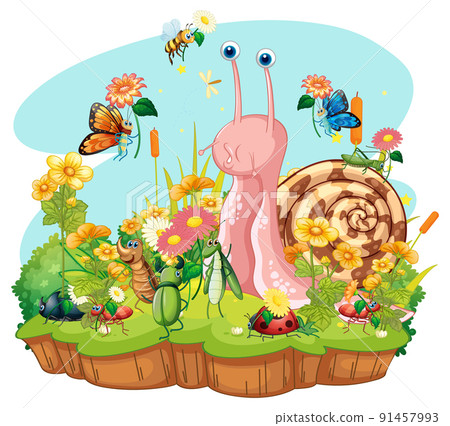 Cute snail and insects in cartoon style Cute snail and insects in cartoon style 91457993