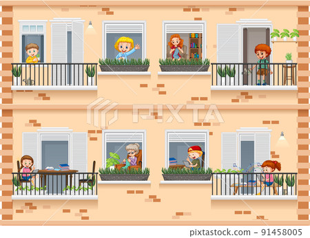 Apartment windows with neighbors cartoon character 91458005