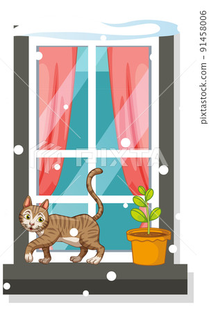 Cute cat walking on narrow window with snow falling 91458006