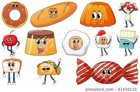 Set of facial expression with vintage style food cartoon on white background 91458218