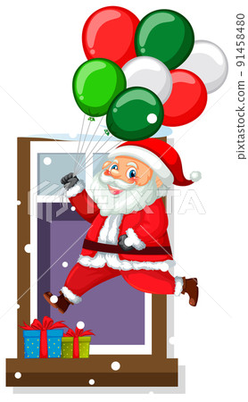 Santa Claus holding balloon in font of the window 91458480