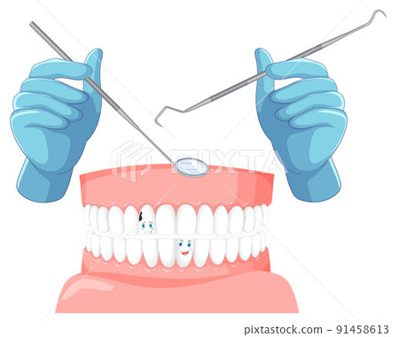 Dentist hand with human teeth model Dentist hand with human teeth model 91458613