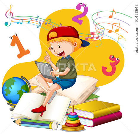A boy reading books on a stack of books 91458648