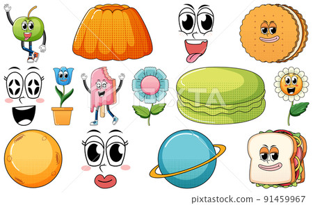 Set of facial expression with vintage style food cartoon on white background 91459967