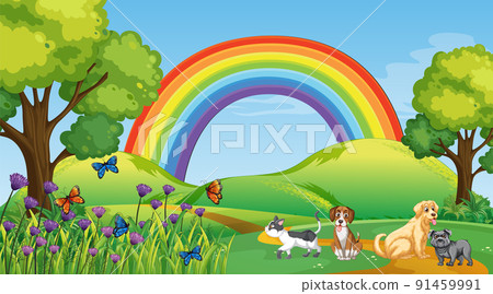 Set of different domestic animals in nature park Set of different domestic animals in nature park 91459991