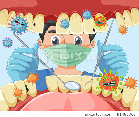 Dentist holding instruments examining patient teeth inside human mouth 91460365