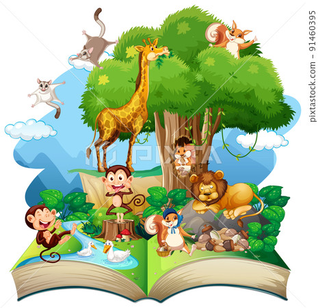 Open book forest theme with animal on white background Open book forest theme with animal on white background 91460395