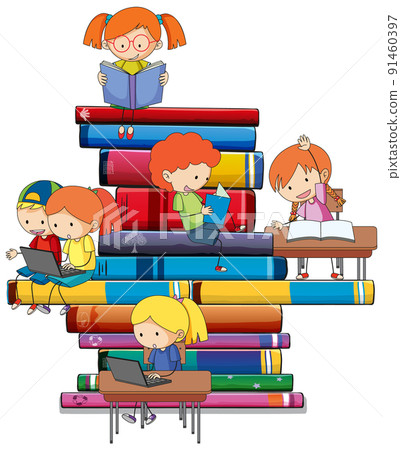 A children are reading books on a stack of books A children are reading books on a stack of books 91460397