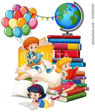 Three children are reading books on a stack of books Three children are reading books on a stack of books 91460403