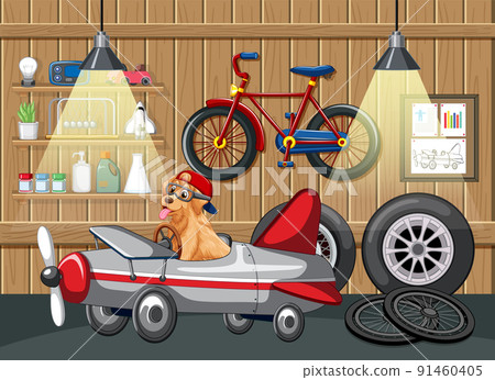 Dogs driving car in garage Dogs driving car in garage 91460405