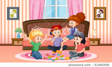 Children playing jigsaw in the house Children playing jigsaw in the house 91460406