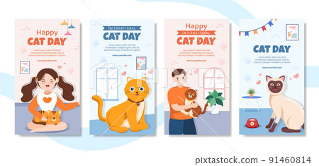 International Cat Day Social Media Stories Template Flat Cartoon Background Vector Illustration 91460814