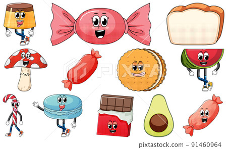 Set of facial expression with vintage style food cartoon on white background Set of facial expression with vintage style food cartoon on white background 91460964