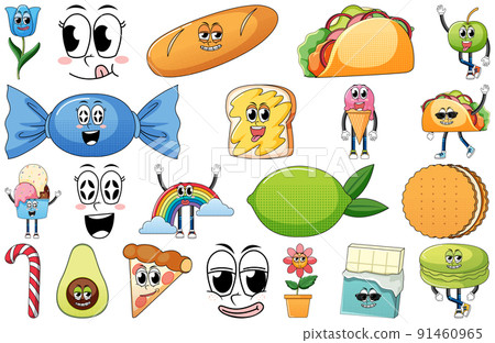 Set of facial expression with vintage style food cartoon on white background Set of facial expression with vintage style food cartoon on white background 91460965