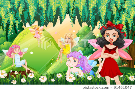 Fantastic forest scene with beautiful fairies 91461047
