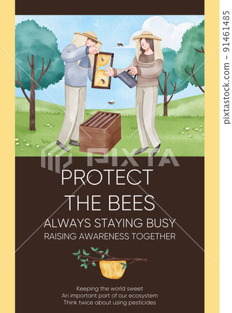 Poster template with honey bee concept,watercolor style Poster template with honey bee concept,watercolor style 91461485