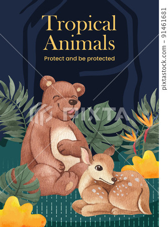 Poster template with tropical wildlife concept,watercolor style Poster template with tropical wildlife concept,watercolor style 91461681