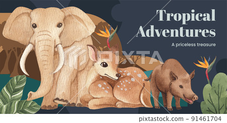 Blog header template with tropical wildlife concept,watercolor style 91461704