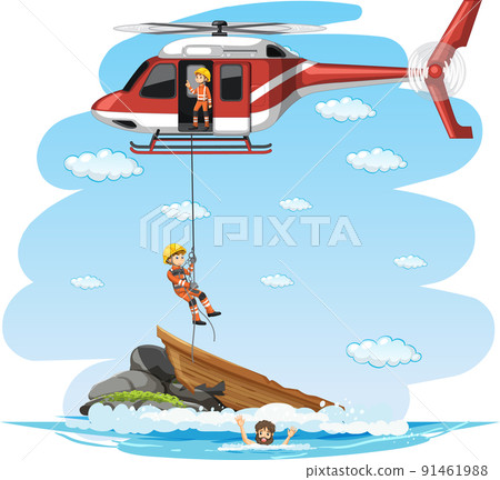 Island scene with rescue in cartoon style Island scene with rescue in cartoon style 91461988