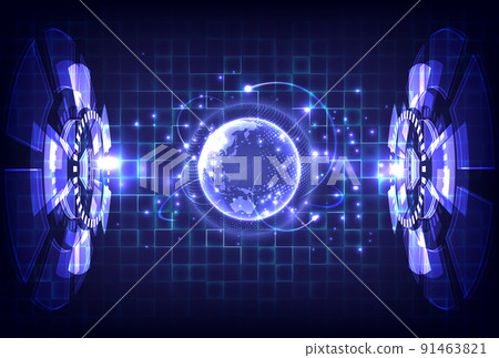 Futuristic Sci-Fi glowing HUD frame and interface screen. Abstract hologram hi-tech background. Virtual reality holographic of projector. Digital particle of high computer. Globe of communication 91463821