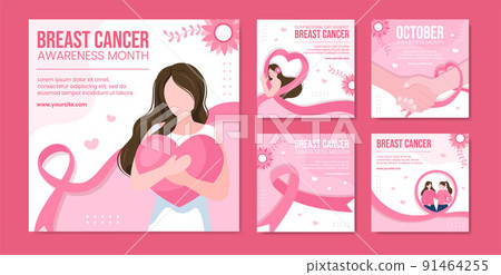 Breast Cancer Awareness Month Social Media Post Template Flat Cartoon Background Vector Illustration 91464255