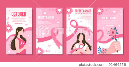 Breast Cancer Awareness Month Social Media Stories Template Flat Cartoon Background Vector Illustration 91464256