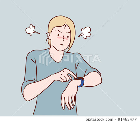 Time management, Deadline concept. Work delay or project deadline. woman is angry because of being late. She is showing time on his watch. Hand drawn in thin line style, vector illustrations. 91465477