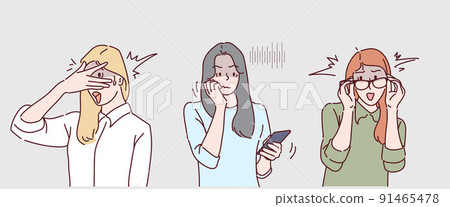 Set of worried people. Woman are experiencing anxiety, fear, exhaustion and so many emotions. Facial expression concept. Hand drawn in thin line style, vector illustrations. Set of worried people. Woman are experiencing anxiety, fear, exhaustion and so many emotions. Facial expression concept. Hand drawn in thin line style, vector illustrations. 91465478