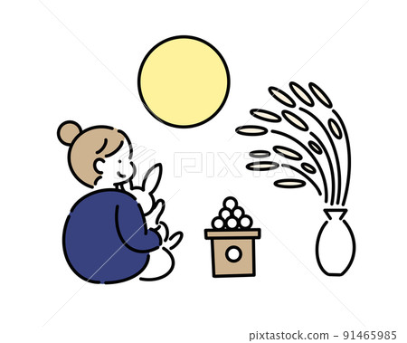 一個女孩和一隻兔子，看著月亮 91465985