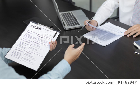 Job interview, Employer or recruiter is interviewing and taking the applicant's work history, Specialized Functional Ability Test, Business conversation, Manager resource employment and recruitment. 91468947