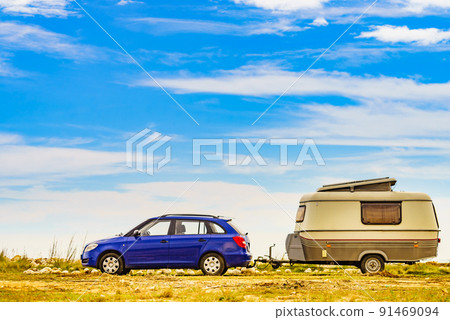 Caravan trailer camping on coast, Spain. 91469094