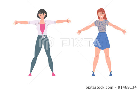Cheerful Young Woman Standing with Wide Open Arms as Welcome and Solidarity Gesture Vector Set Cheerful Young Woman Standing with Wide Open Arms as Welcome and Solidarity Gesture Vector Set 91469134
